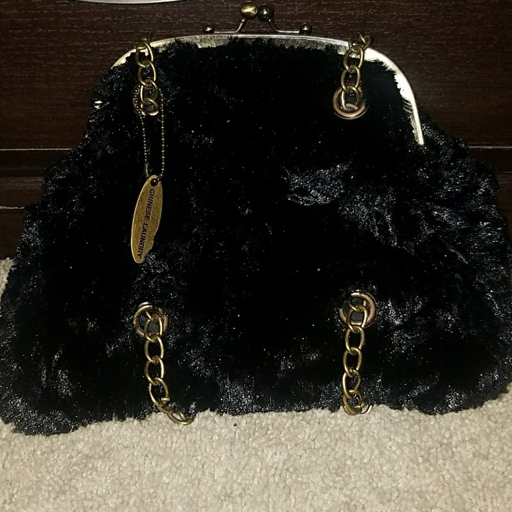 Chinese Laundry Black Faux Fur Clutch